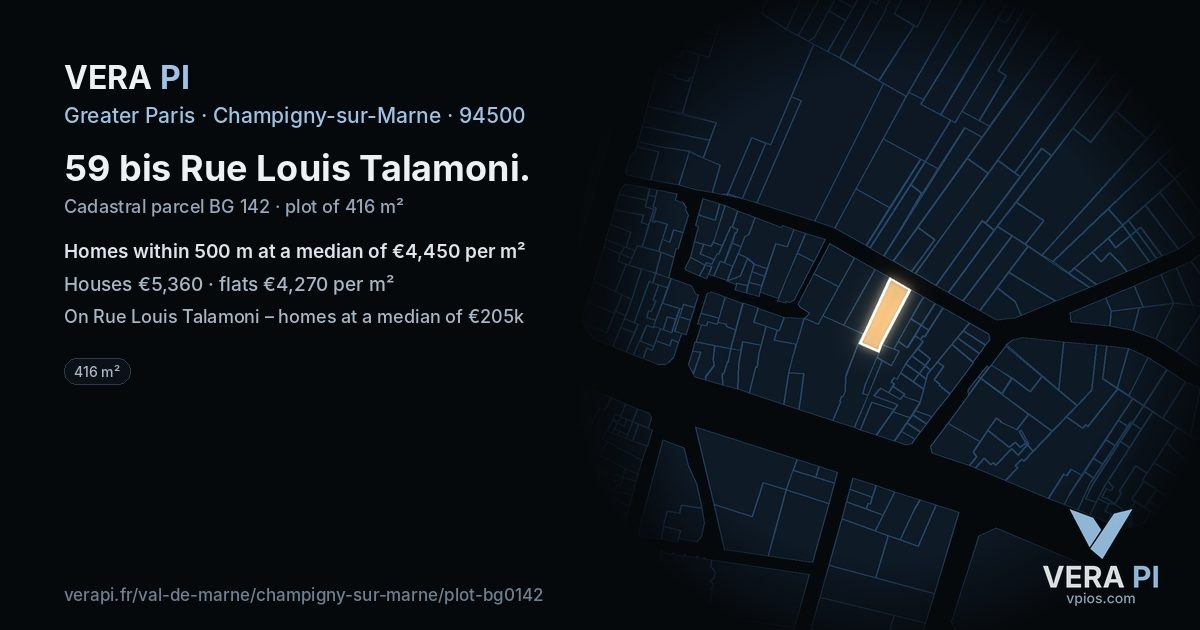 59 bis Rue Louis Talamoni, Champigny-sur-Marne at night – the plot lit, the parcels around coloured by the prices near them