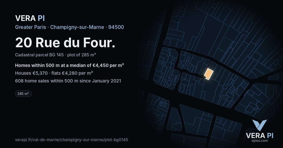 20 Rue du Four, Champigny-sur-Marne at night – the plot lit, the parcels around coloured by the prices near them