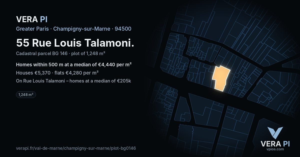 55 Rue Louis Talamoni, Champigny-sur-Marne at night – the plot lit, the parcels around coloured by the prices near them