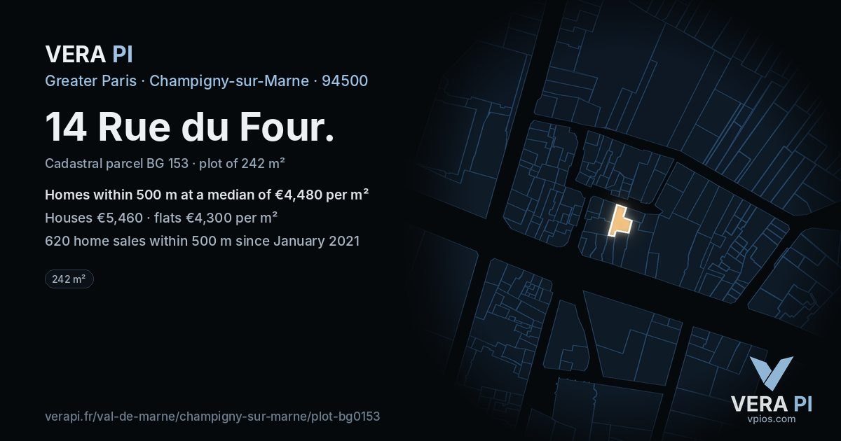 14 Rue du Four, Champigny-sur-Marne at night – the plot lit, the parcels around coloured by the prices near them