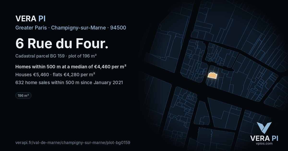 6 Rue du Four, Champigny-sur-Marne at night – the plot lit, the parcels around coloured by the prices near them