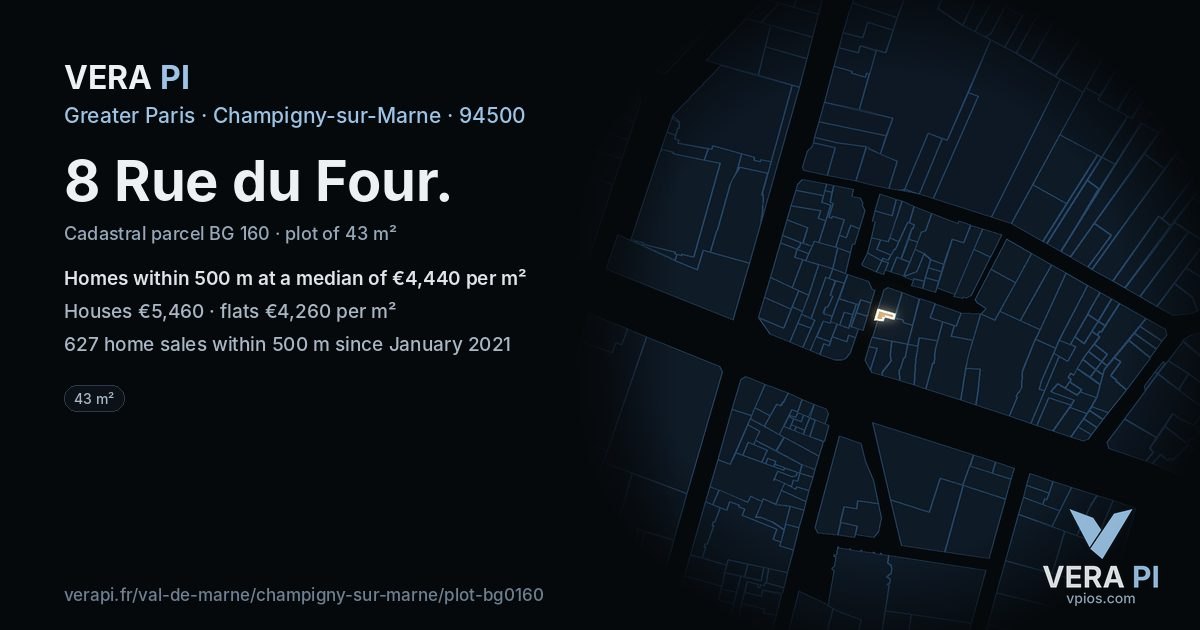 8 Rue du Four, Champigny-sur-Marne at night – the plot lit, the parcels around coloured by the prices near them