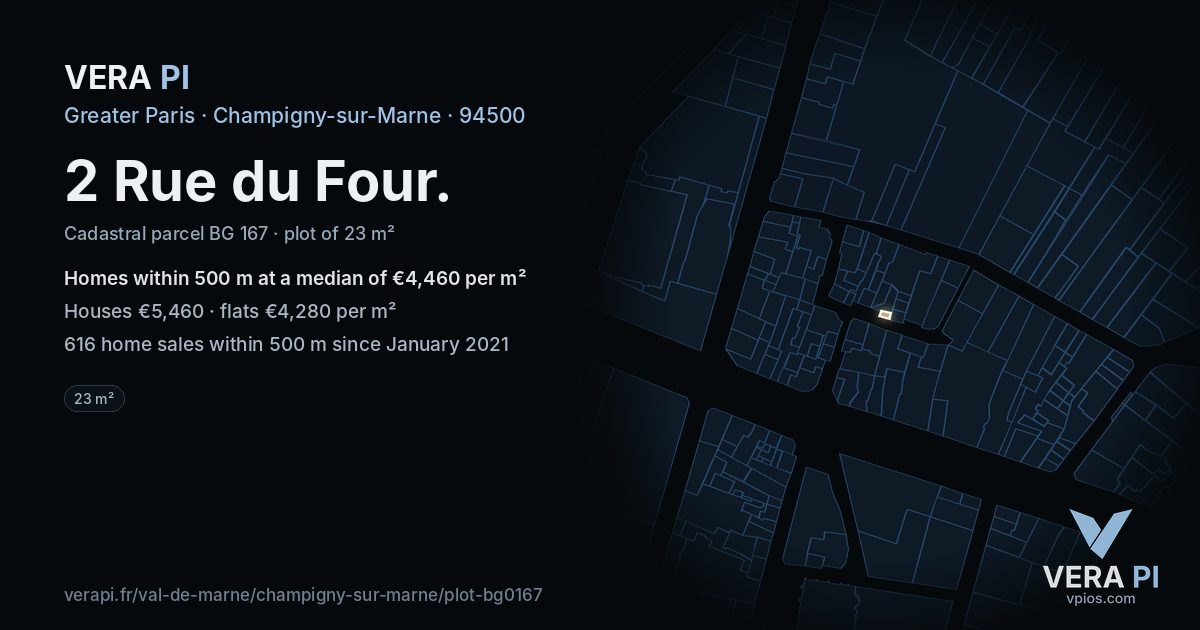 2 Rue du Four, Champigny-sur-Marne at night – the plot lit, the parcels around coloured by the prices near them
