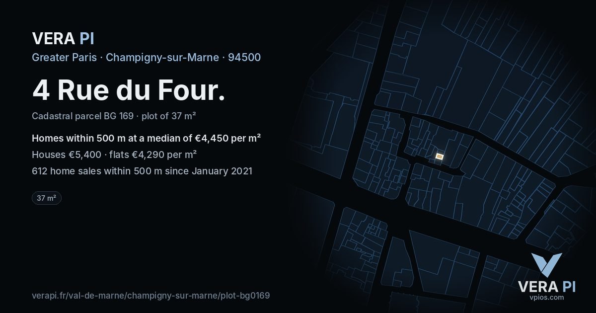 4 Rue du Four, Champigny-sur-Marne at night – the plot lit, the parcels around coloured by the prices near them