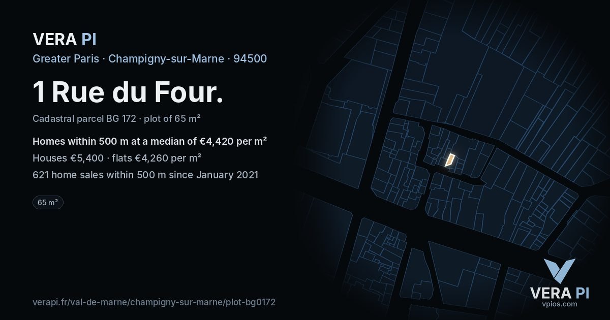 1 Rue du Four, Champigny-sur-Marne at night – the plot lit, the parcels around coloured by the prices near them