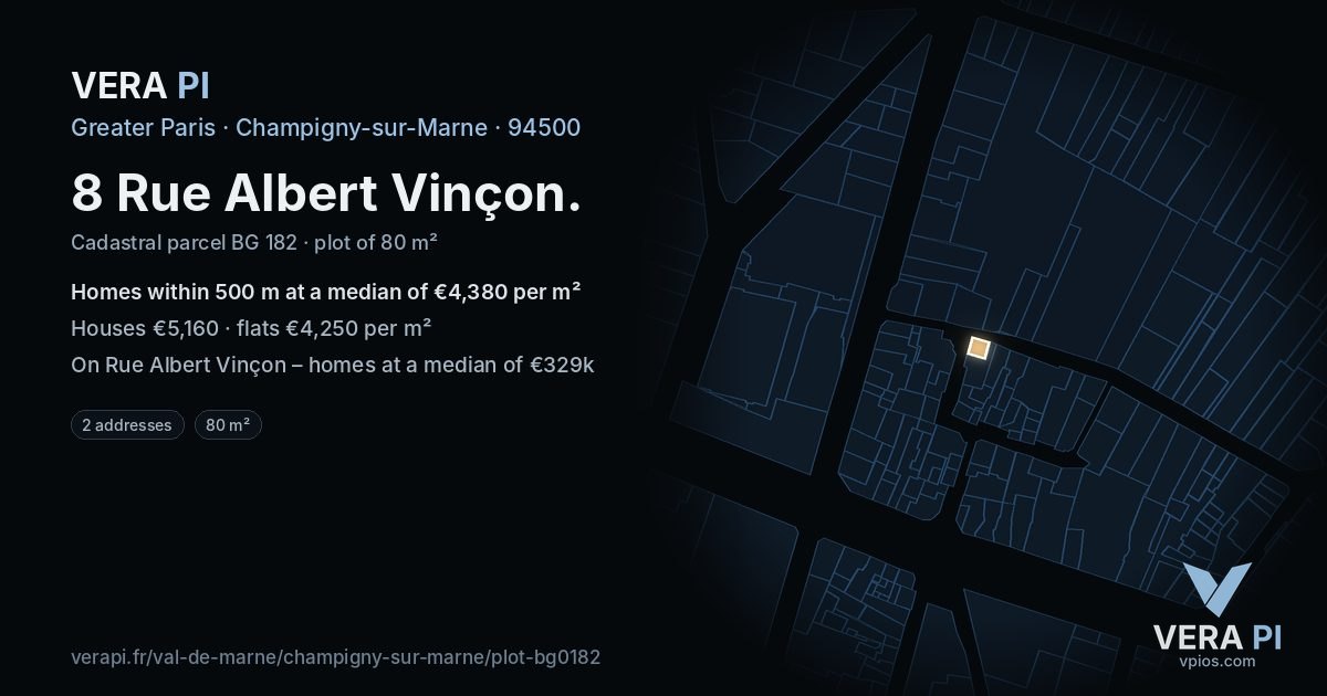 8 Rue Albert Vinçon, Champigny-sur-Marne at night – the plot lit, the parcels around coloured by the prices near them