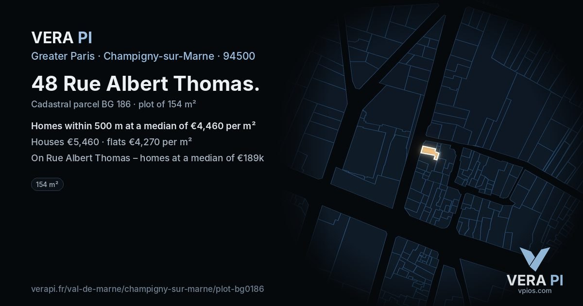 48 Rue Albert Thomas, Champigny-sur-Marne at night – the plot lit, the parcels around coloured by the prices near them
