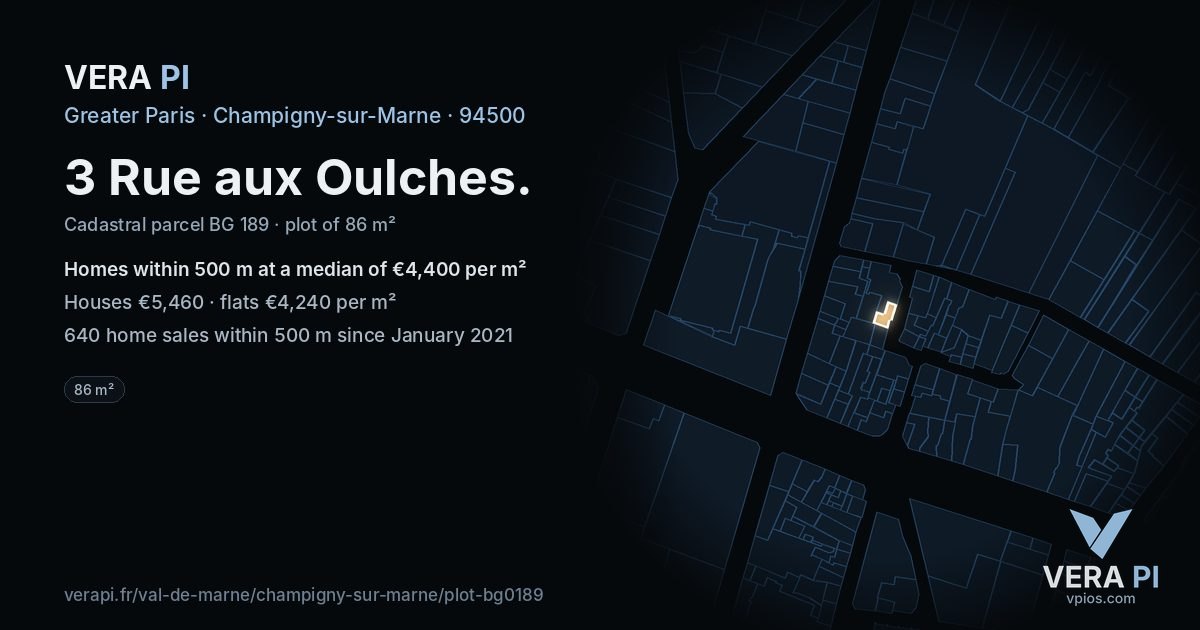 3 Rue aux Oulches, Champigny-sur-Marne at night – the plot lit, the parcels around coloured by the prices near them