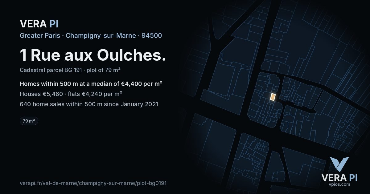 1 Rue aux Oulches, Champigny-sur-Marne at night – the plot lit, the parcels around coloured by the prices near them