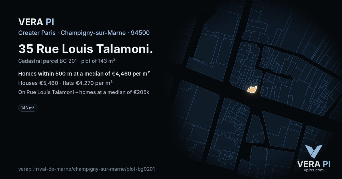 35 Rue Louis Talamoni, Champigny-sur-Marne at night – the plot lit, the parcels around coloured by the prices near them
