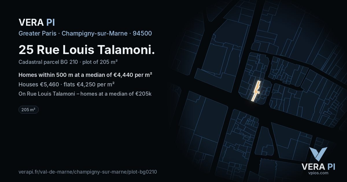 25 Rue Louis Talamoni, Champigny-sur-Marne at night – the plot lit, the parcels around coloured by the prices near them