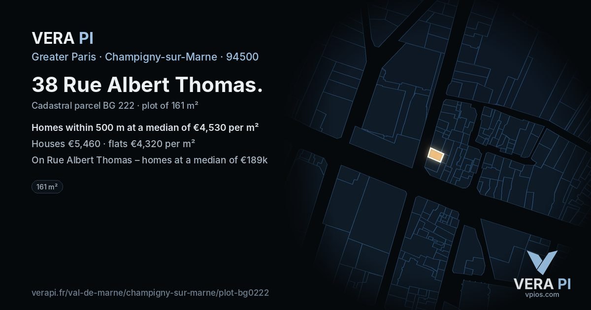 38 Rue Albert Thomas, Champigny-sur-Marne at night – the plot lit, the parcels around coloured by the prices near them