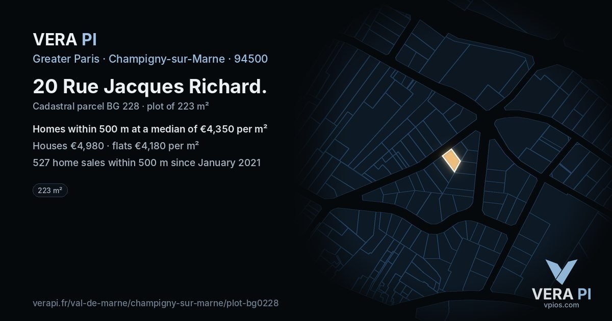 20 Rue Jacques Richard, Champigny-sur-Marne at night – the plot lit, the parcels around coloured by the prices near them