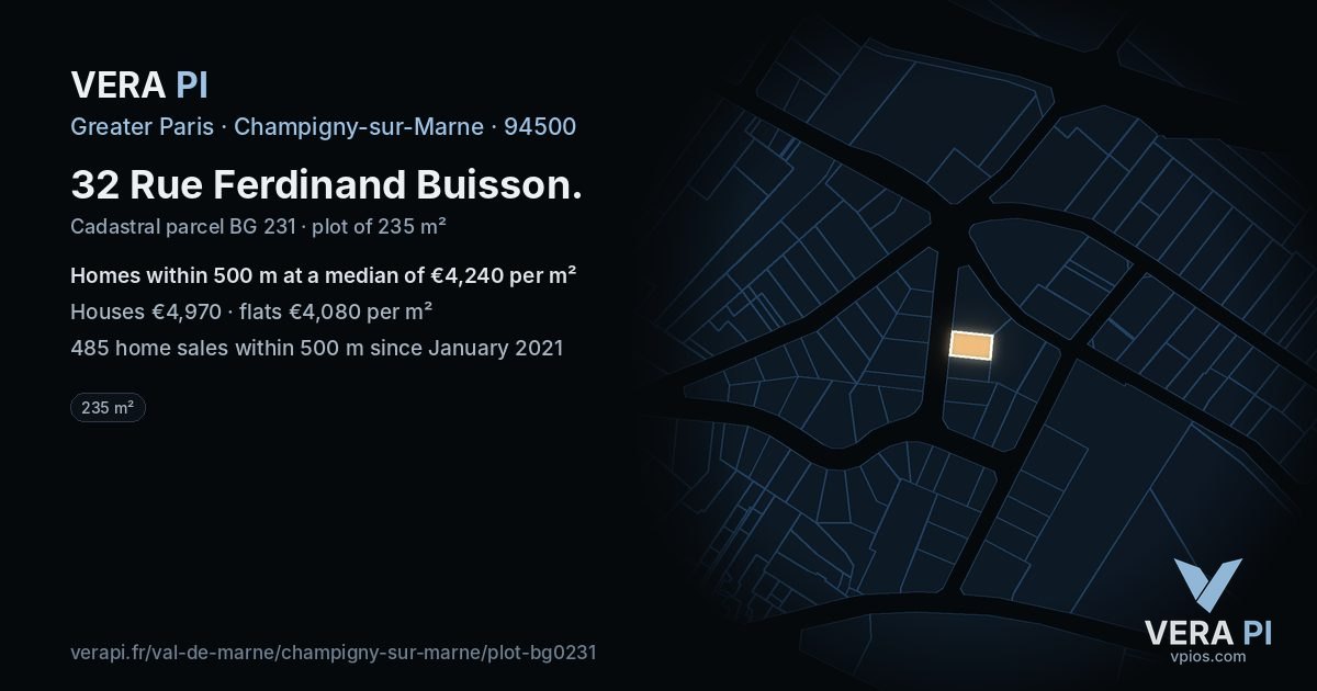 32 Rue Ferdinand Buisson, Champigny-sur-Marne at night – the plot lit, the parcels around coloured by the prices near them