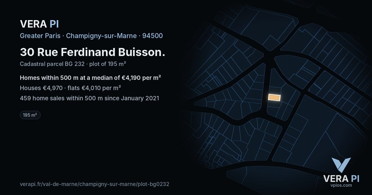 30 Rue Ferdinand Buisson, Champigny-sur-Marne at night – the plot lit, the parcels around coloured by the prices near them