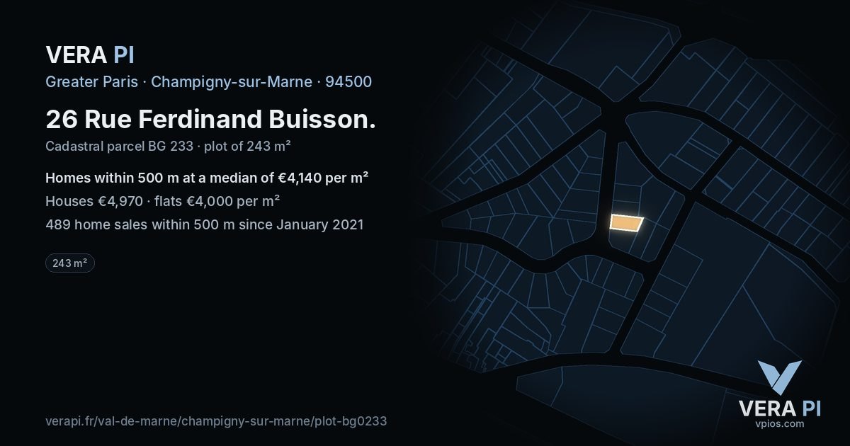 26 Rue Ferdinand Buisson, Champigny-sur-Marne at night – the plot lit, the parcels around coloured by the prices near them