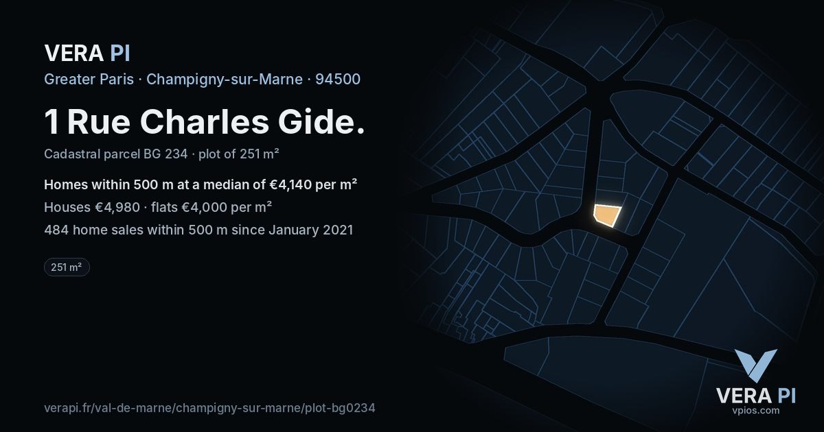 1 Rue Charles Gide, Champigny-sur-Marne at night – the plot lit, the parcels around coloured by the prices near them