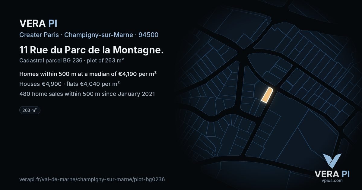 11 Rue du Parc de la Montagne, Champigny-sur-Marne at night – the plot lit, the parcels around coloured by the prices near them