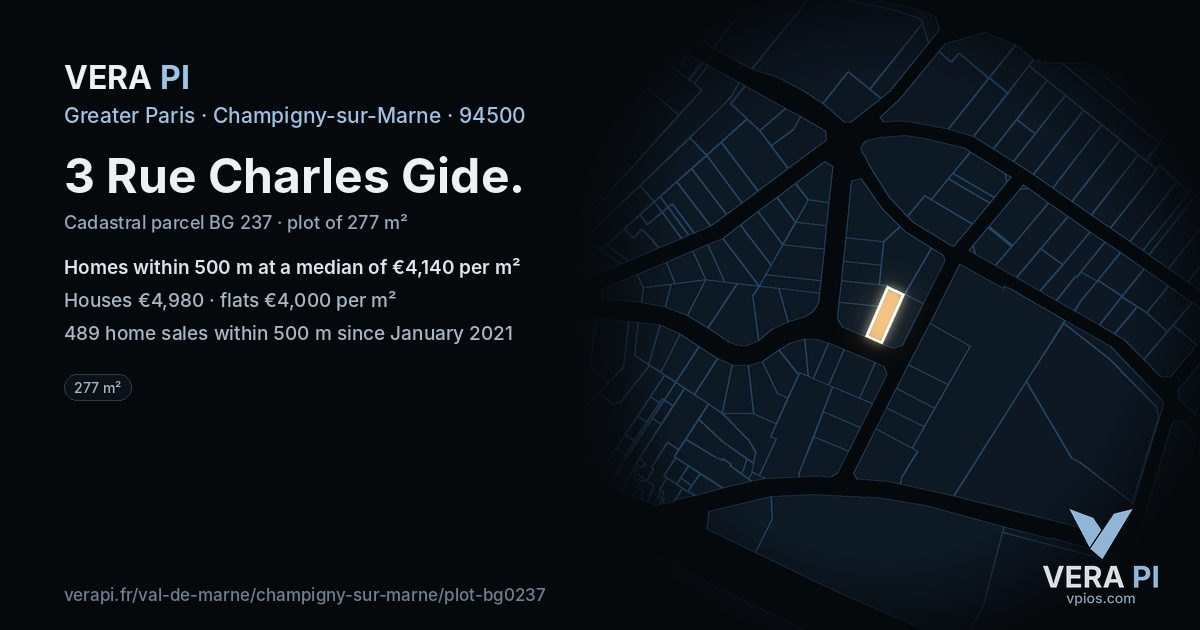 3 Rue Charles Gide, Champigny-sur-Marne at night – the plot lit, the parcels around coloured by the prices near them