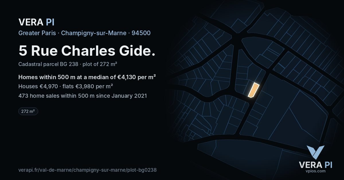 5 Rue Charles Gide, Champigny-sur-Marne at night – the plot lit, the parcels around coloured by the prices near them