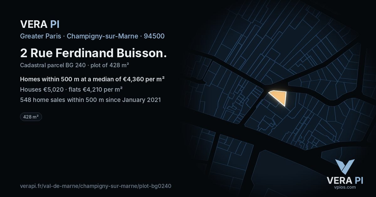 2 Rue Ferdinand Buisson, Champigny-sur-Marne at night – the plot lit, the parcels around coloured by the prices near them