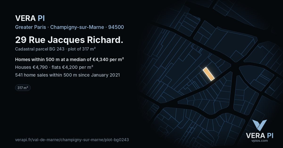 29 Rue Jacques Richard, Champigny-sur-Marne at night – the plot lit, the parcels around coloured by the prices near them