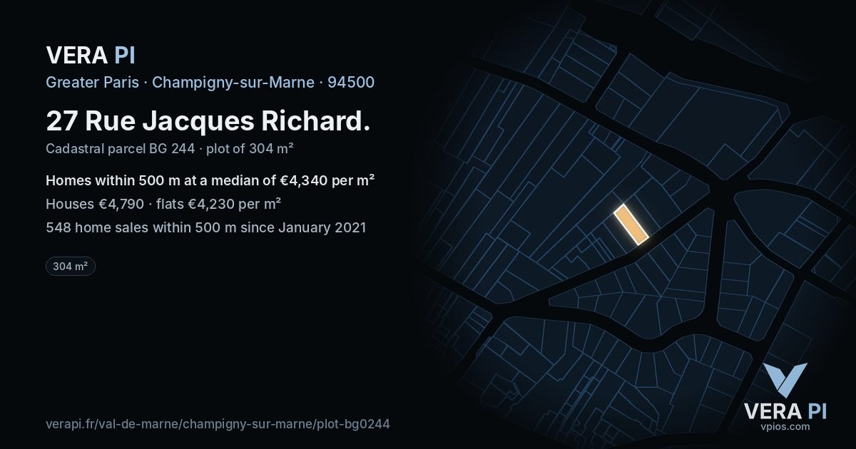 27 Rue Jacques Richard, Champigny-sur-Marne at night – the plot lit, the parcels around coloured by the prices near them