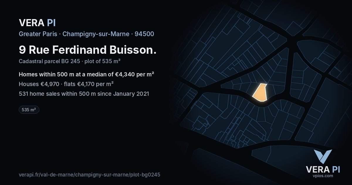 9 Rue Ferdinand Buisson, Champigny-sur-Marne at night – the plot lit, the parcels around coloured by the prices near them