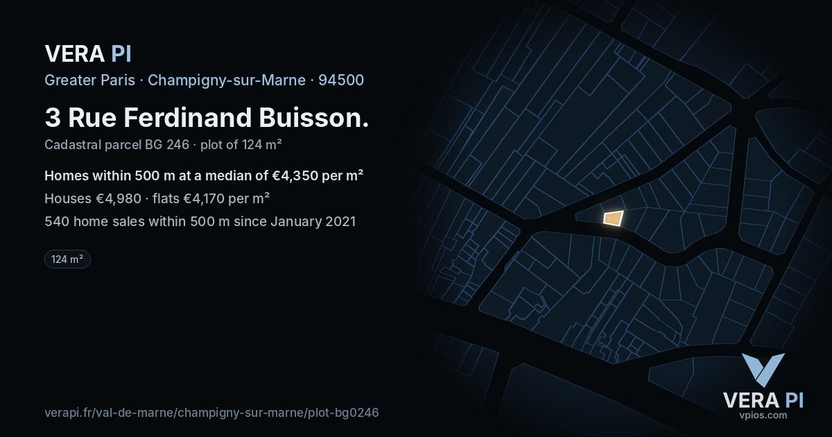 3 Rue Ferdinand Buisson, Champigny-sur-Marne at night – the plot lit, the parcels around coloured by the prices near them