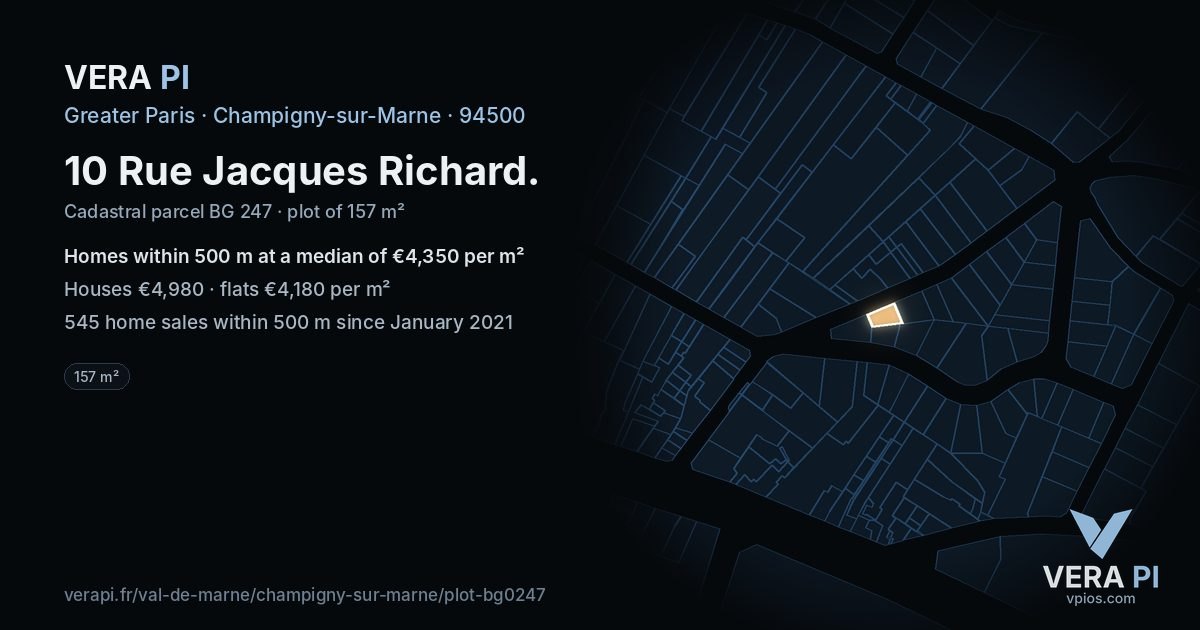 10 Rue Jacques Richard, Champigny-sur-Marne at night – the plot lit, the parcels around coloured by the prices near them