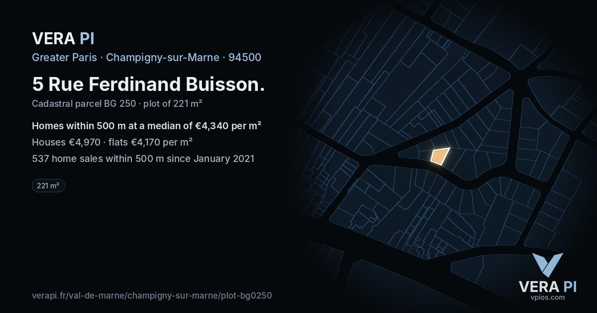 5 Rue Ferdinand Buisson, Champigny-sur-Marne at night – the plot lit, the parcels around coloured by the prices near them