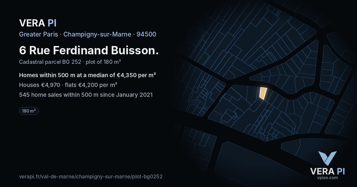 6 Rue Ferdinand Buisson, Champigny-sur-Marne at night – the plot lit, the parcels around coloured by the prices near them