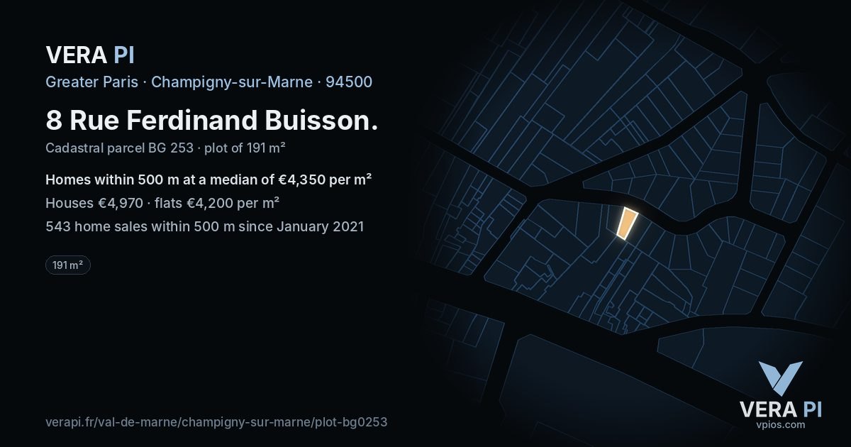 8 Rue Ferdinand Buisson, Champigny-sur-Marne at night – the plot lit, the parcels around coloured by the prices near them