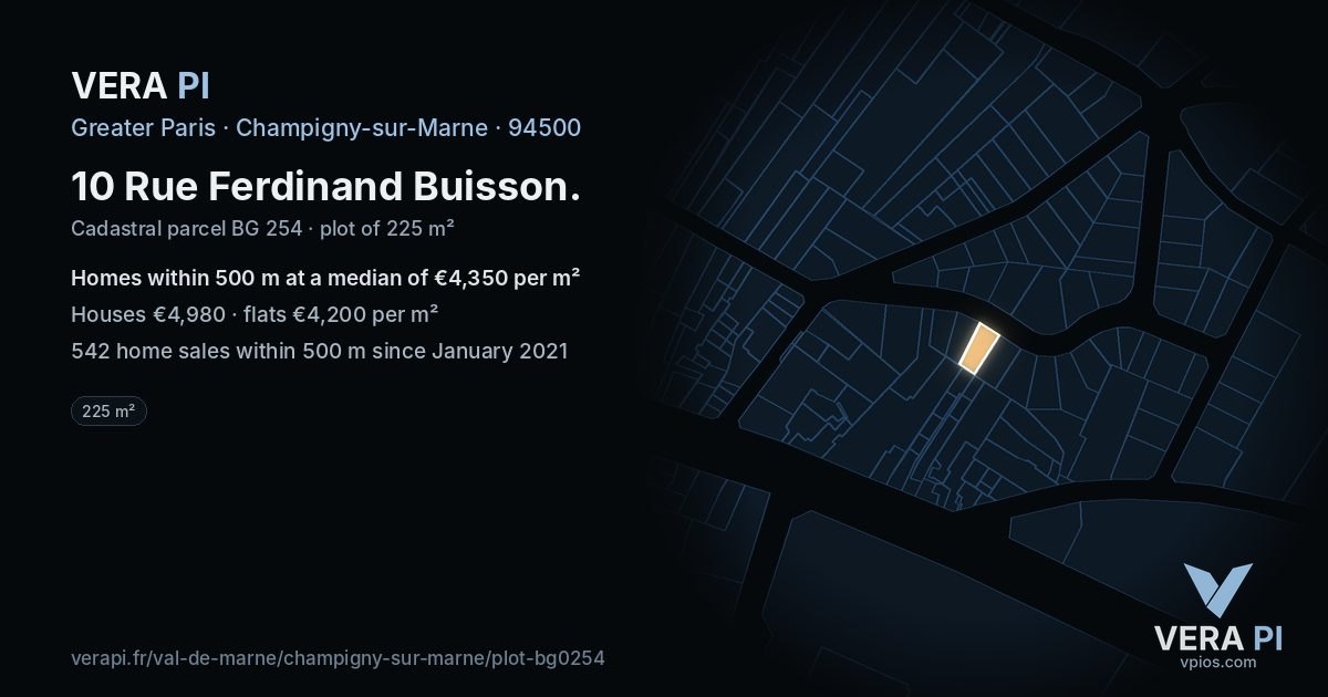 10 Rue Ferdinand Buisson, Champigny-sur-Marne at night – the plot lit, the parcels around coloured by the prices near them