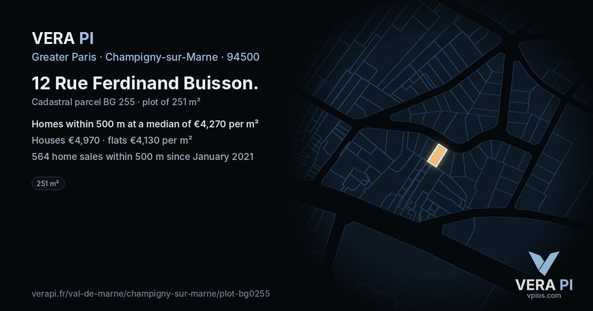 12 Rue Ferdinand Buisson, Champigny-sur-Marne at night – the plot lit, the parcels around coloured by the prices near them