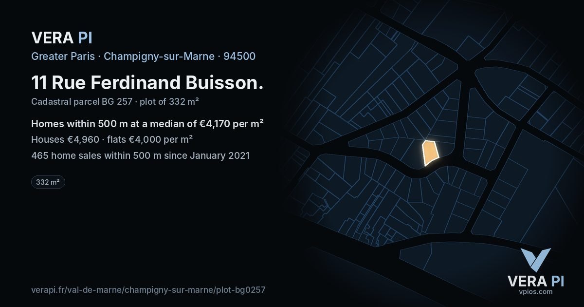 11 Rue Ferdinand Buisson, Champigny-sur-Marne at night – the plot lit, the parcels around coloured by the prices near them