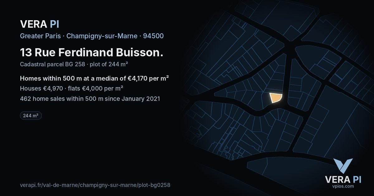 13 Rue Ferdinand Buisson, Champigny-sur-Marne at night – the plot lit, the parcels around coloured by the prices near them