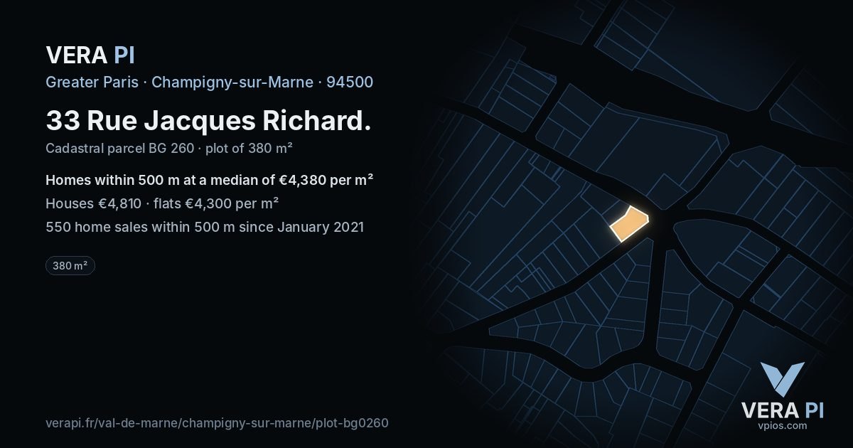 33 Rue Jacques Richard, Champigny-sur-Marne at night – the plot lit, the parcels around coloured by the prices near them
