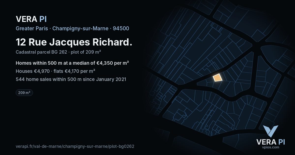 12 Rue Jacques Richard, Champigny-sur-Marne at night – the plot lit, the parcels around coloured by the prices near them