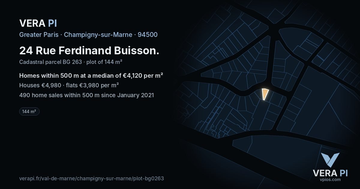 24 Rue Ferdinand Buisson, Champigny-sur-Marne at night – the plot lit, the parcels around coloured by the prices near them