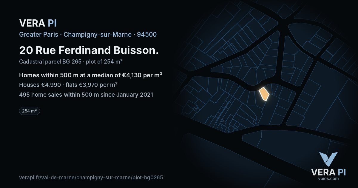 20 Rue Ferdinand Buisson, Champigny-sur-Marne at night – the plot lit, the parcels around coloured by the prices near them
