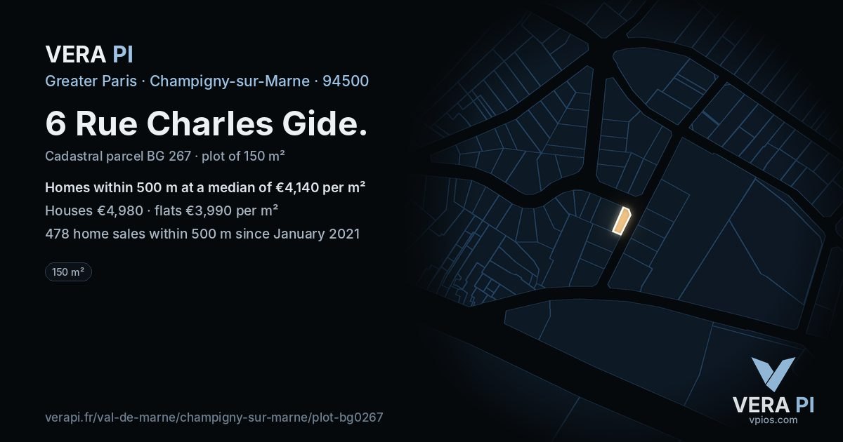 6 Rue Charles Gide, Champigny-sur-Marne at night – the plot lit, the parcels around coloured by the prices near them