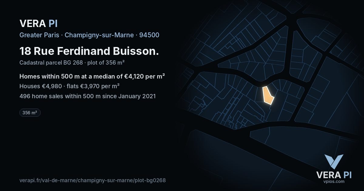 18 Rue Ferdinand Buisson, Champigny-sur-Marne at night – the plot lit, the parcels around coloured by the prices near them