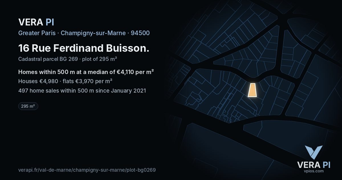 16 Rue Ferdinand Buisson, Champigny-sur-Marne at night – the plot lit, the parcels around coloured by the prices near them