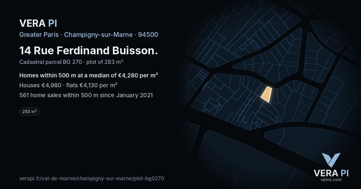 14 Rue Ferdinand Buisson, Champigny-sur-Marne at night – the plot lit, the parcels around coloured by the prices near them