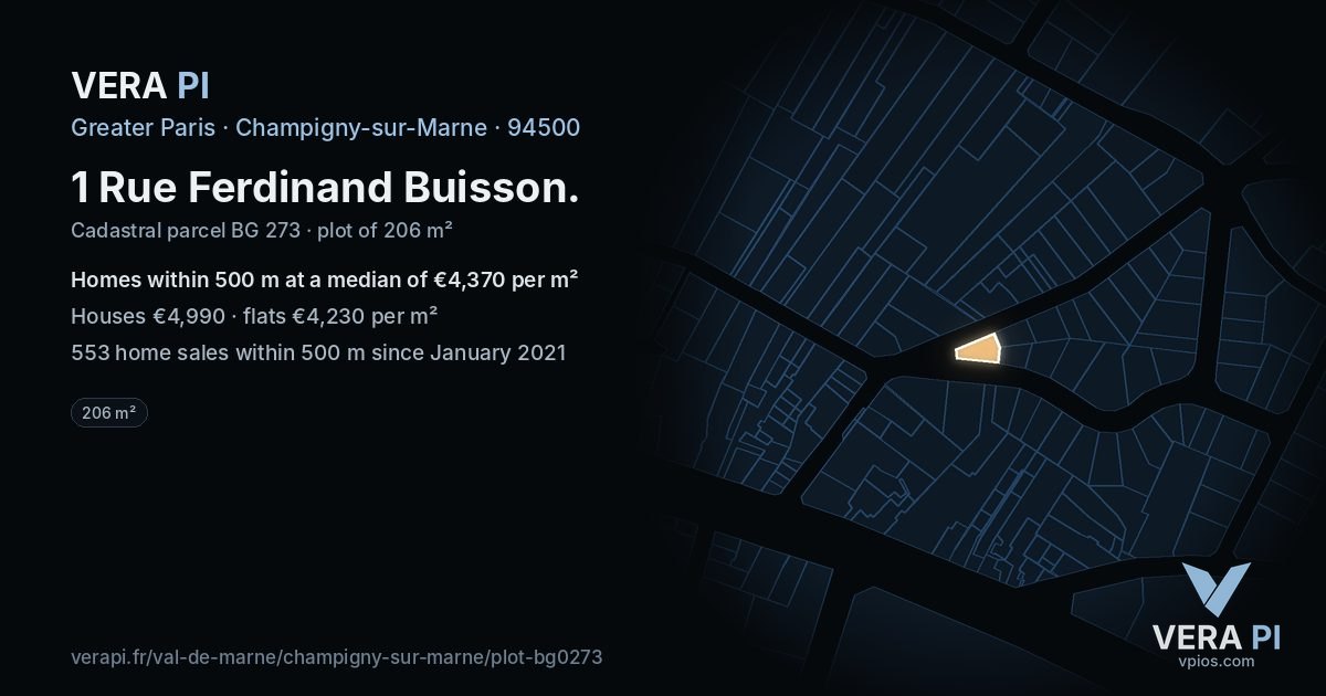 1 Rue Ferdinand Buisson, Champigny-sur-Marne at night – the plot lit, the parcels around coloured by the prices near them