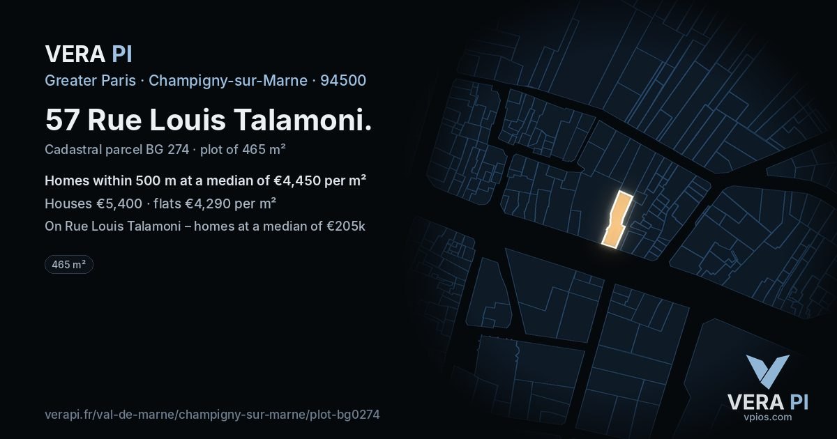 57 Rue Louis Talamoni, Champigny-sur-Marne at night – the plot lit, the parcels around coloured by the prices near them
