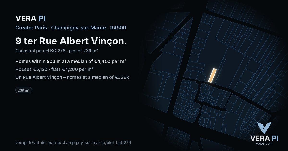 9 ter Rue Albert Vinçon, Champigny-sur-Marne at night – the plot lit, the parcels around coloured by the prices near them