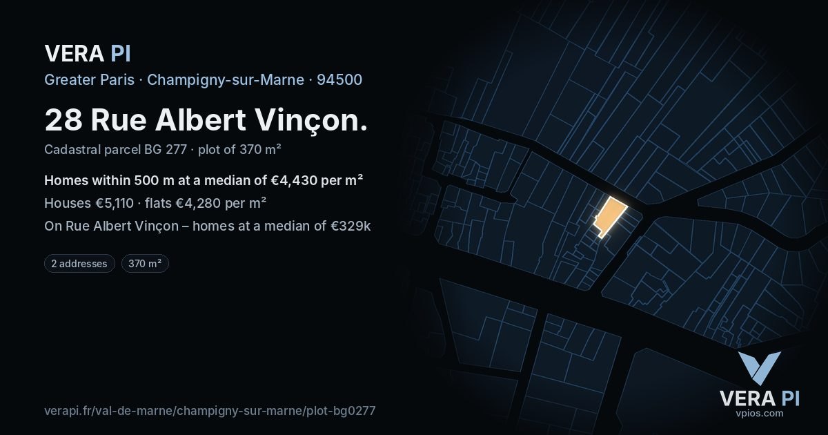 28 Rue Albert Vinçon, Champigny-sur-Marne at night – the plot lit, the parcels around coloured by the prices near them