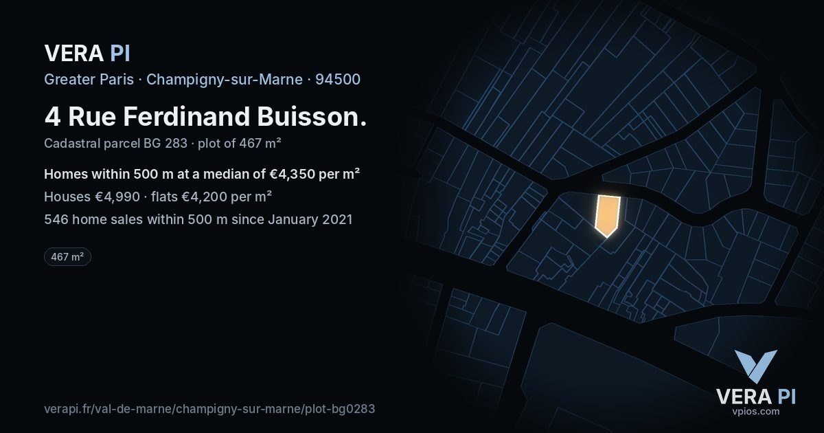 4 Rue Ferdinand Buisson, Champigny-sur-Marne at night – the plot lit, the parcels around coloured by the prices near them